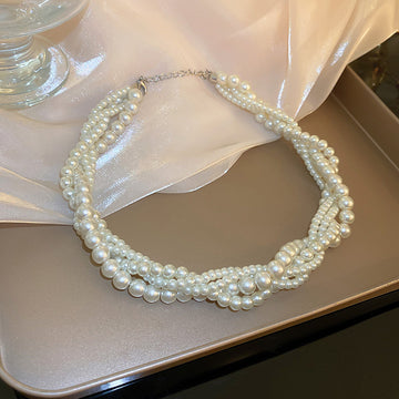 White Multi Strand Twisted Pearl Necklace Silver Tone Clasp