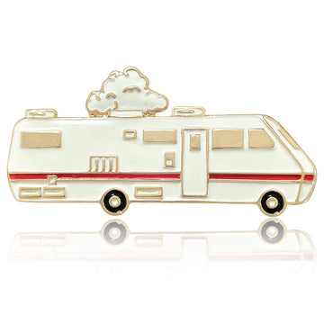 White Enamel RV Camper Van Brooch Red Stripe Gold Edge