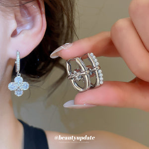 Gray Crystal Flower Charm Huggie Hoop Earrings Statement Jewelry Pair
