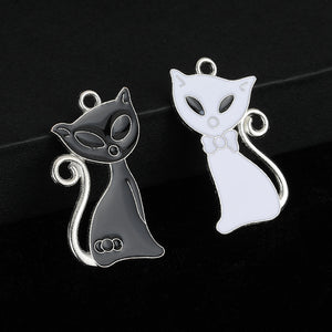 Enamel Cat Charm Pendant Black and White Silver-Tone Jump Ring