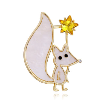 White Fox Moon and Star Gold Tone Metal Brooch Pin