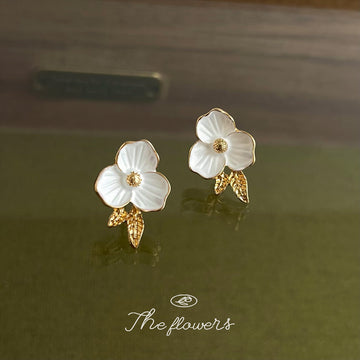 White Enamel Flower Stud Earrings Gold Leaf Accent Pair