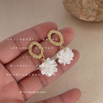 Gold Tone Textured Oval Stud Earrings With Pearl Flower Drops