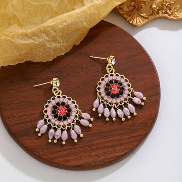 Gold Mandala Beaded Tassel Drop Earrings Pink Black