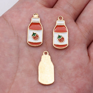 Gold Tone Red Strawberry Sauce Bottle Enamel Charm