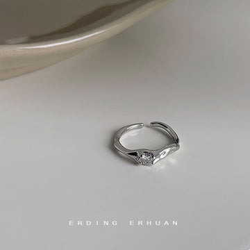 Silver-Tone Open Adjustable Wave Band Ring Single CZ Stone