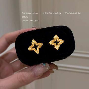 Gold Ribbed Openwork Four Petal Flower Studs Clear Stones