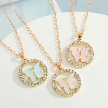 Gold Tone Butterfly Crystal Round Pendant Necklaces in Three Colors