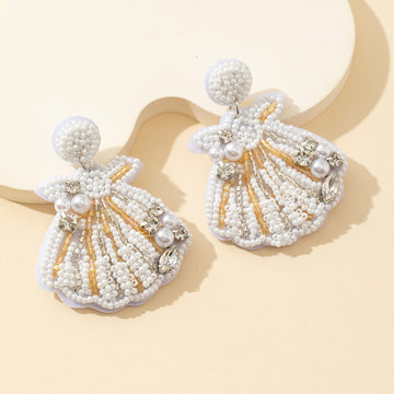 Beaded Seashell Drop Earrings Faux Pearl Rhinestone White Gold