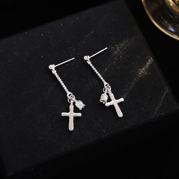 Silver Tone Clear Accent Cross Chain Long Earrings