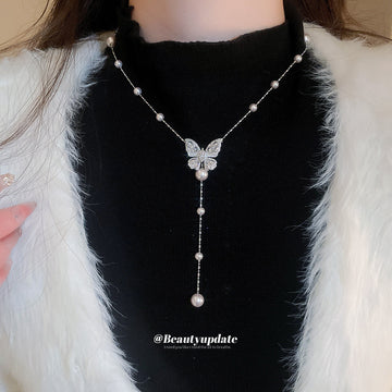 Silver Tone Butterfly Necklace with Pearl Look Stations and Drop