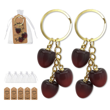 Dark Red Three Cherry Charm Keychain Gold Split Ring
