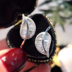 Double Leaf Baguette Stone Adjustable Open Ring Silver Tone