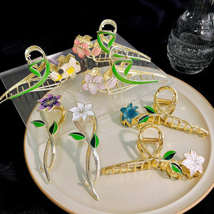 Gold Alloy Enamel Flower Hair Claw Clips Five Assorted Styles