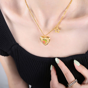 Gold Heart Glass Pendant Necklace Star Charm Double Layer
