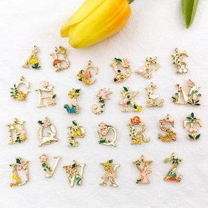Floral Alphabet Letter Charms in Gold-Tone Alloy with Enamel Details