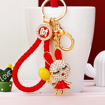 Jeweled Dress Rabbit Holding a Balloon Keychains with Braided Loops