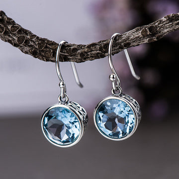 White Gold Round Blue Drop Earrings Hook Style Pair
