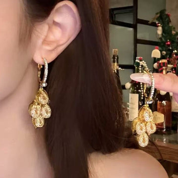 Gold Tone Layered Leaf Hoop Drop Earrings With Clear Crystals