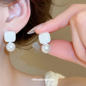 White Square And Pearl Drop Earrings With Polished Metal Details