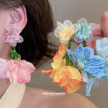 Colorful Fabric Flower Green Bead Dangle Stud Earrings