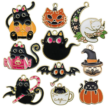 Colorful Halloween Cat Charms with Pumpkins Moons and Bats