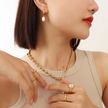 Gold Huggie Hoop Freshwater Pearl Drop Earrings Pair