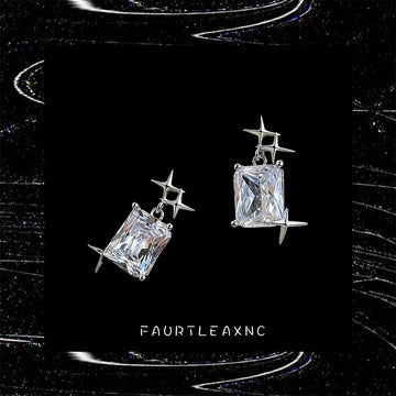 Silver Tone Large Clear Rectangle Stone Starburst Stud Earrings
