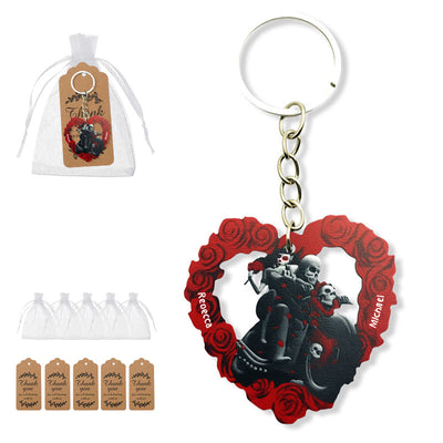 Skeleton couple heart keychain with organza bags and kraft tags