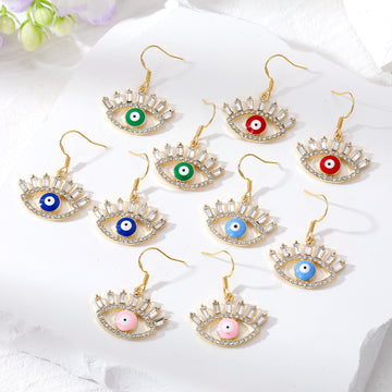 Gold Tone Crystal Lash Enamel Evil Eye Hook Earrings in Five Colors