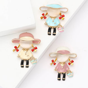 Enamel Alloy Cartoon Girl Brooch with Hat, Bows, and Handbag