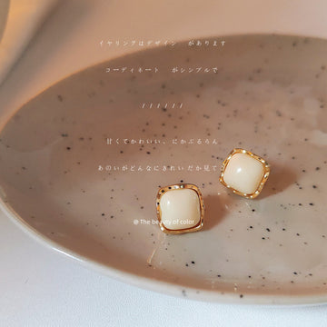 Cream Square Stud Earrings Gold-Tone Textured Bezel Pair