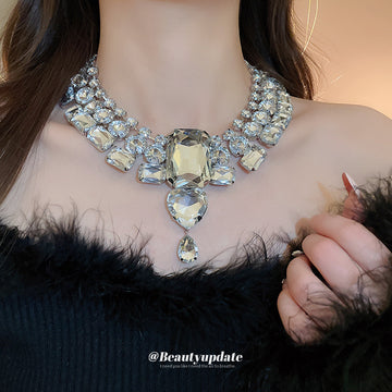Statement Multi Row Rhinestone Collar Heart Drop Two Colors