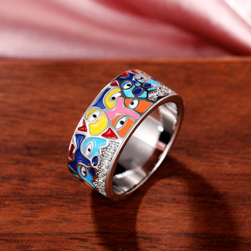 Multicolor Enamel Abstract Face Wide Ring In Gold Tone