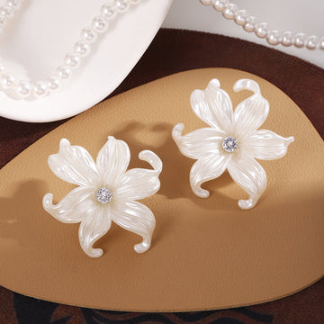 White Pearlescent Lily Flower Stud Earrings Clear Center Crystal