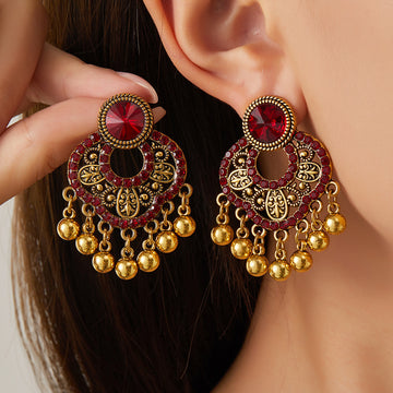 Red Green and Clear Antique Gold Ornate Medallion Earrings