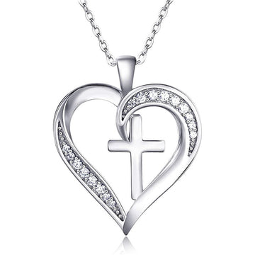White Gold Tone Heart Cross Crystal Pendant Necklace