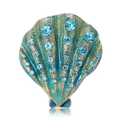 Front view of the crystal shell brooch in six enamel colors with polished metal detail on a white background
