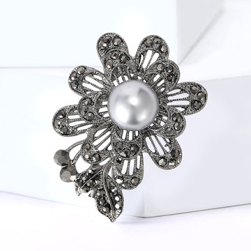 Gunmetal Filigree Flower and Leaf Brooch with Pearl Center