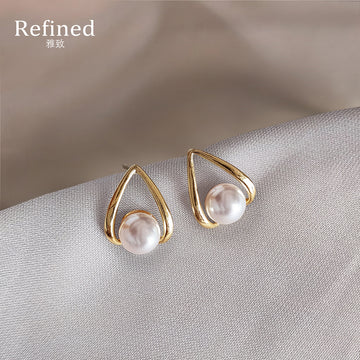 Gold Tone Open Teardrop Frame White Pearl Stud Earrings
