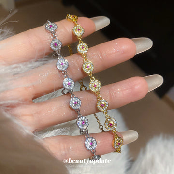 Round Halo Crystal Pink Center Link Bracelet Gold Silver