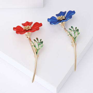 Long Stem Poppy Flower Brooch in Red or Blue Enamel