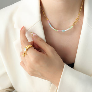 Pastel Bead and Faux Pearl Gold Ball Chain Choker Necklace