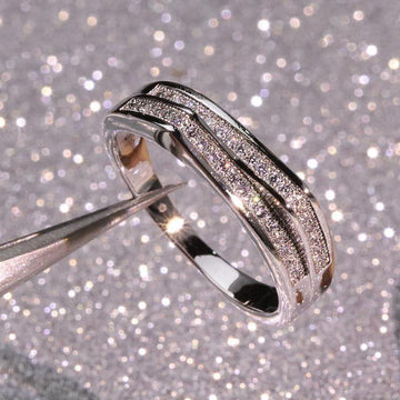 Offset Double-Row Pave Band Ring In Polished Silver Tone