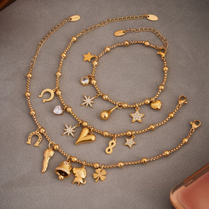 Gold Stainless Steel Bead Charm Bracelets Heart Star Bell Drop