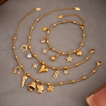 Gold Stainless Steel Bead Charm Bracelets Heart Star Bell Drop