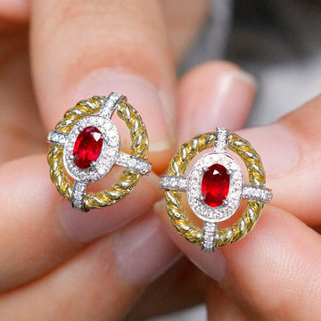 Two Tone Red Oval Crystal Halo Stud Earrings Fashion Jewelry
