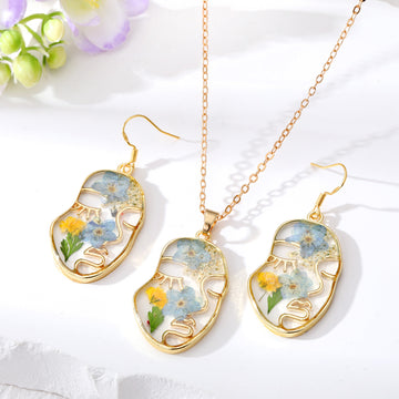 Pressed Blue Flower Face Profile Necklace and Hook Earring Options