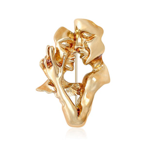 Gold Abstract Couple Faces Kiss Metal Figure Brooch Pin