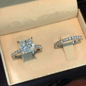 White Gold Princess Solitaire Two Piece Ring Set Sizes 6-10
